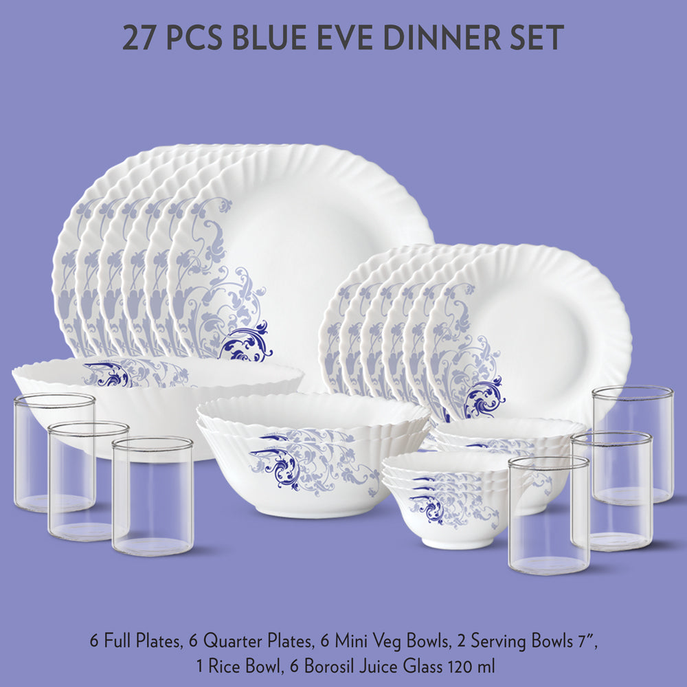 My Borosil Dinner Sets 27 pc Set: Serves 6 Blue Eve Dinner Set