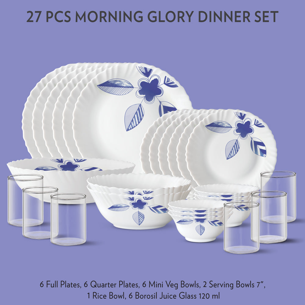 My Borosil Dinner Sets 27 pc Set: Serves 6 Morning Glory Dinner Set