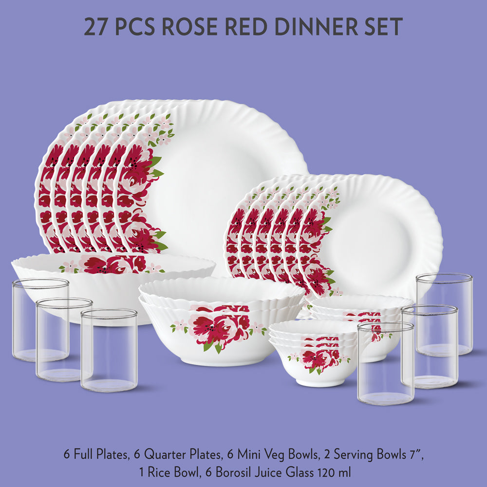 My Borosil Dinner Sets 27 pc Set: Serves 6 Rose Red Dinner Set