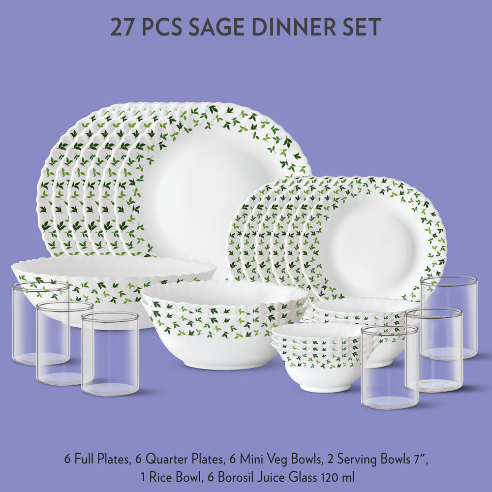 My Borosil Dinner Sets 27 pc Set: Serves 6 Sage Dinner Set