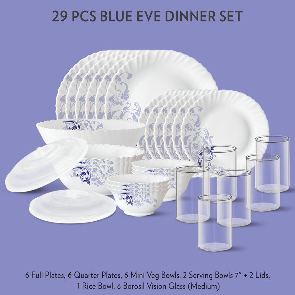 My Borosil Dinner Sets 29 pc Set: Serves 6 Blue Eve Dinner Set