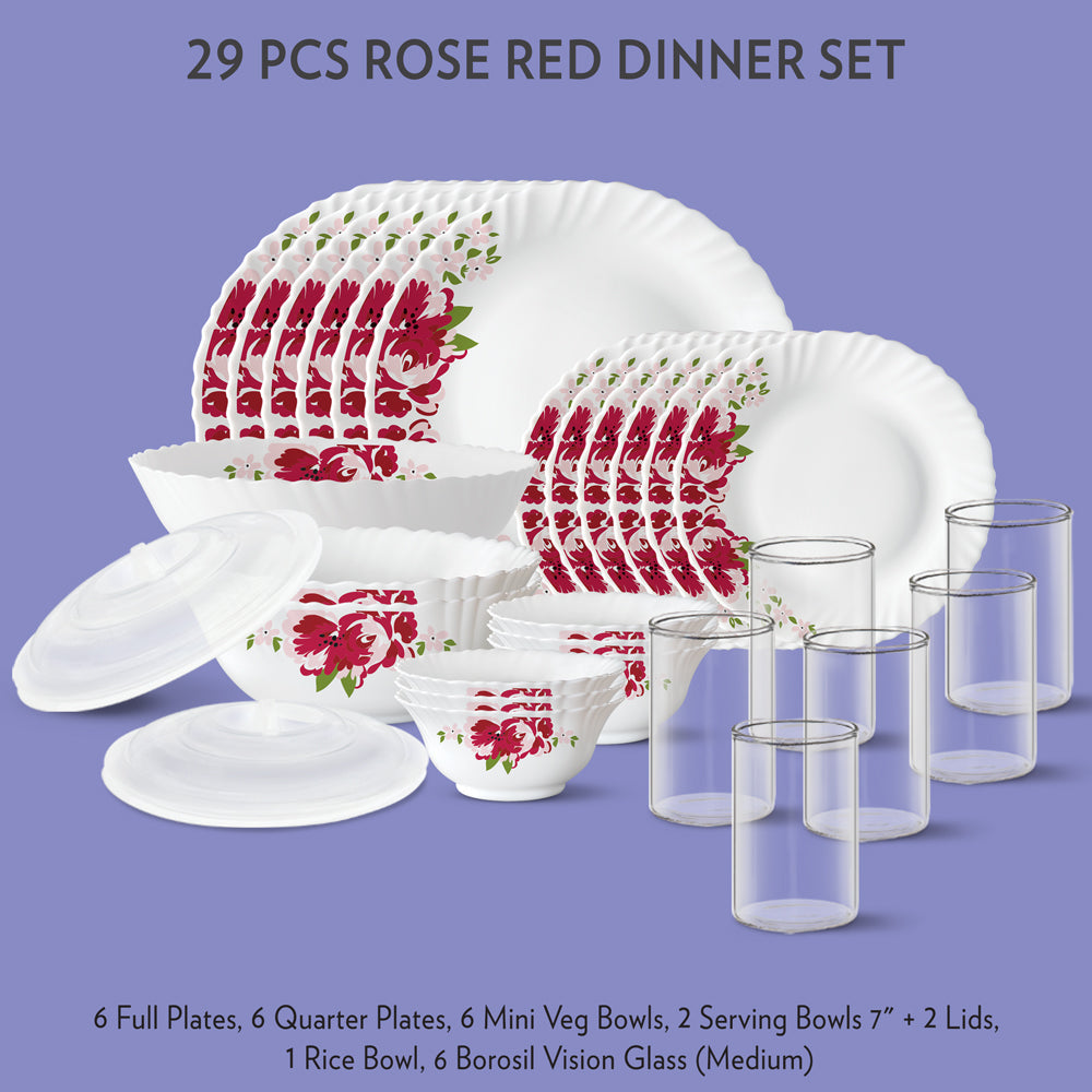 My Borosil Dinner Sets 29 pc Set: Serves 6 Rose Red Dinner Set