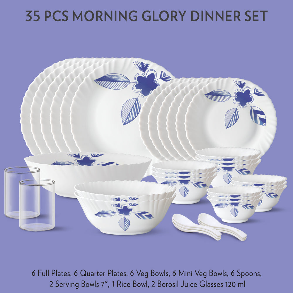 My Borosil Dinner Sets 33 pc Set: Serves 6 Morning Glory Dinner Set