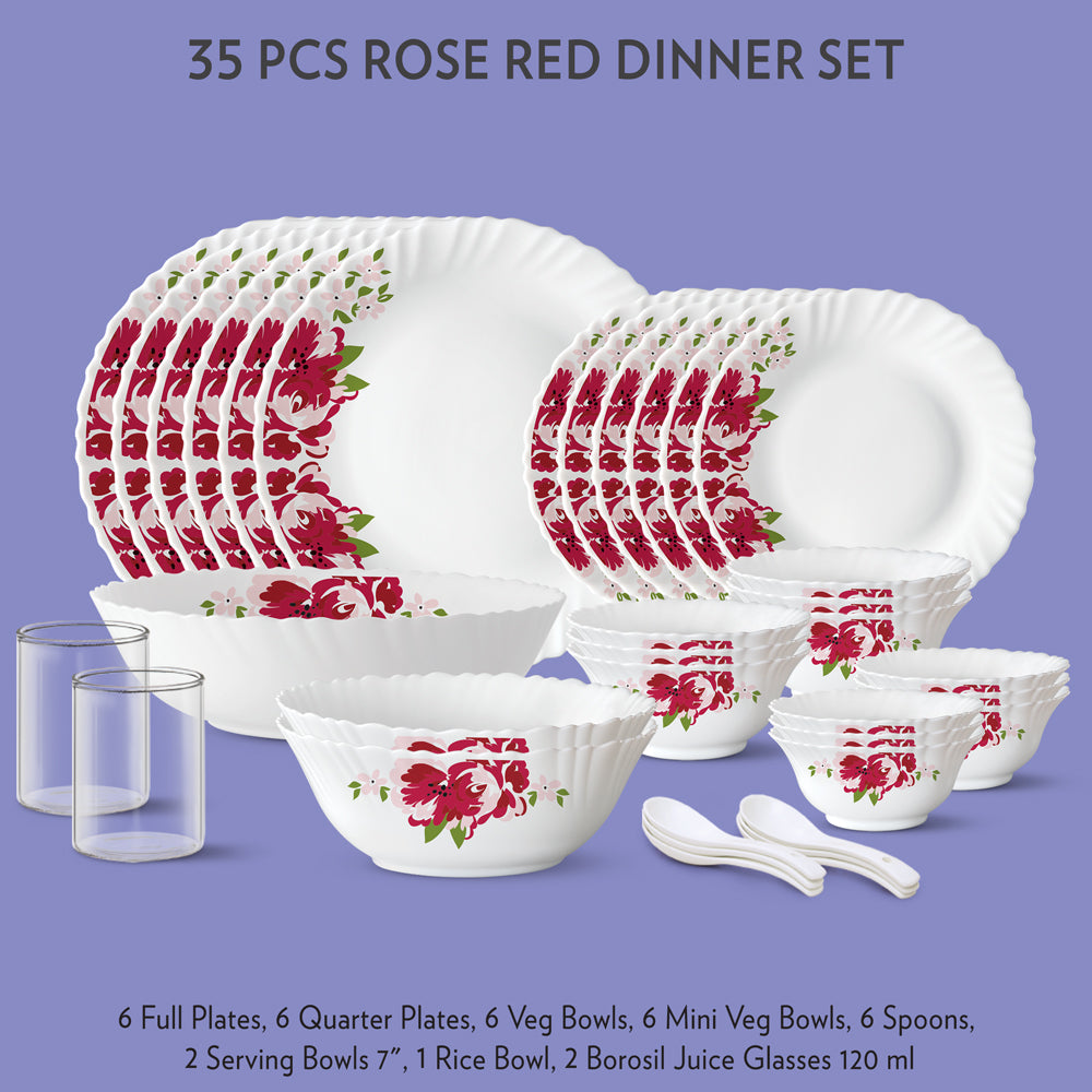 My Borosil Dinner Sets 33 pc Set: Serves 6 Rose Red Dinner Set