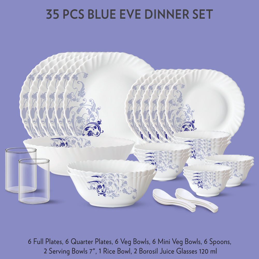 My Borosil Dinner Sets 35 pc Set: Serves 6 Blue Eve Dinner Set