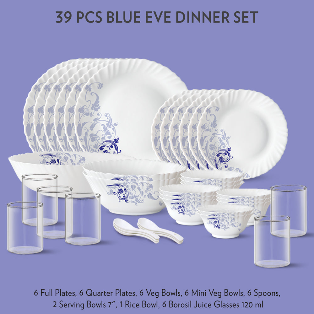 My Borosil Dinner Sets 39 pc Set: Serves 6 Blue Eve Dinner Set