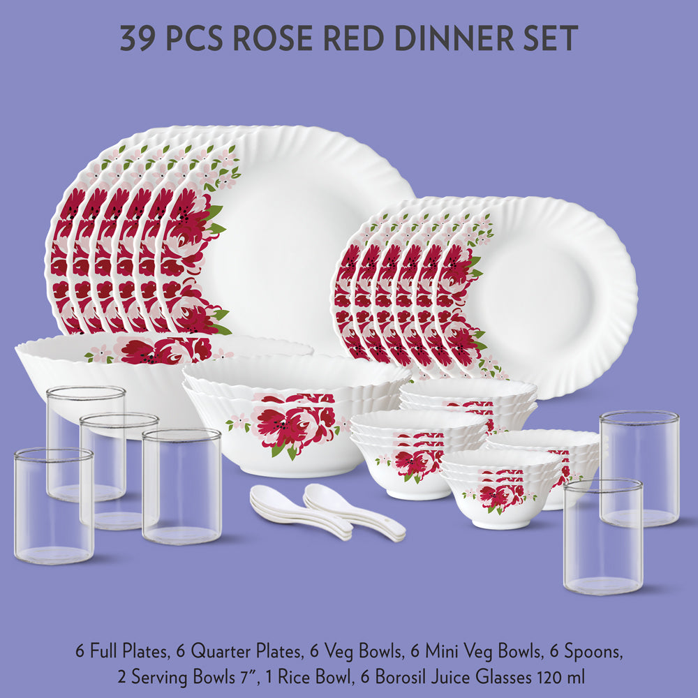 My Borosil Dinner Sets 39 pc Set: Serves 6 Rose Red Dinner Set