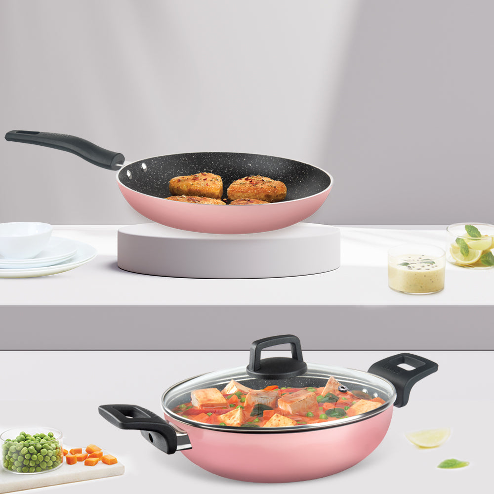 My Borosil Cookware Set 3 pc Set (Deep Kadhai + Fry Pan + Glass Lid) Festive Glory Cookware Set, Pink