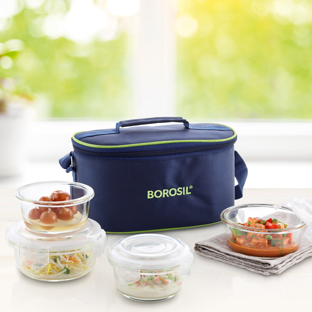 Borosil Blue Glass Lunchbox, Round x 4, 240ml x 2 (+) 400ml x 2