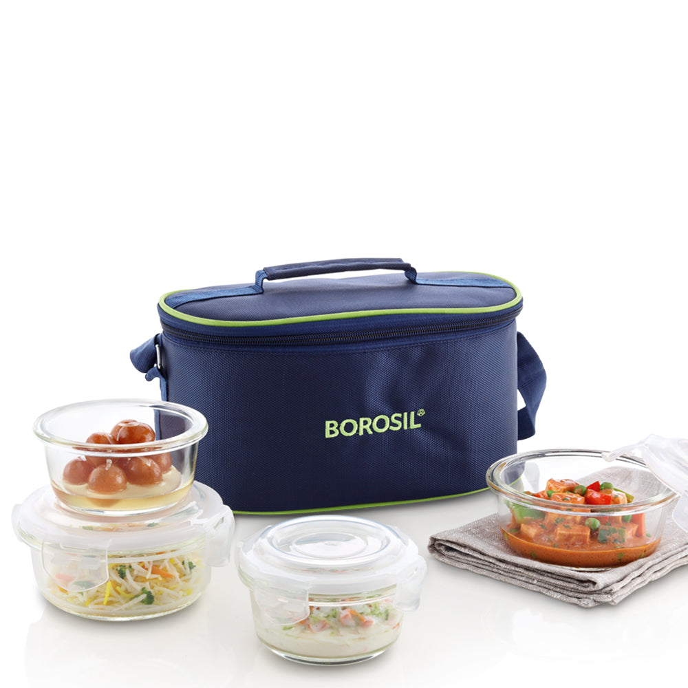 My Borosil Glass Lunchboxes 240 ml x 2 (+) 400 ml x 2 Blue Glass Lunchbox, Round x 4