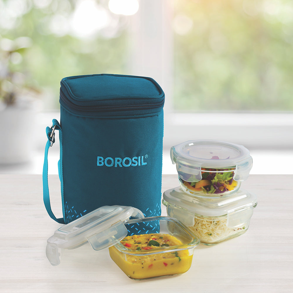 My Borosil Glass Lunchboxes 320 ml x 2 (+) 240 ml Teal Glass Lunchbox, Set of 3