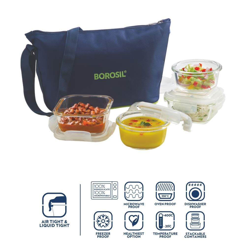 My Borosil Glass Lunchboxes 320 ml x 2 (+) 240 ml x 2 Blue Daisy Glass Lunchbox