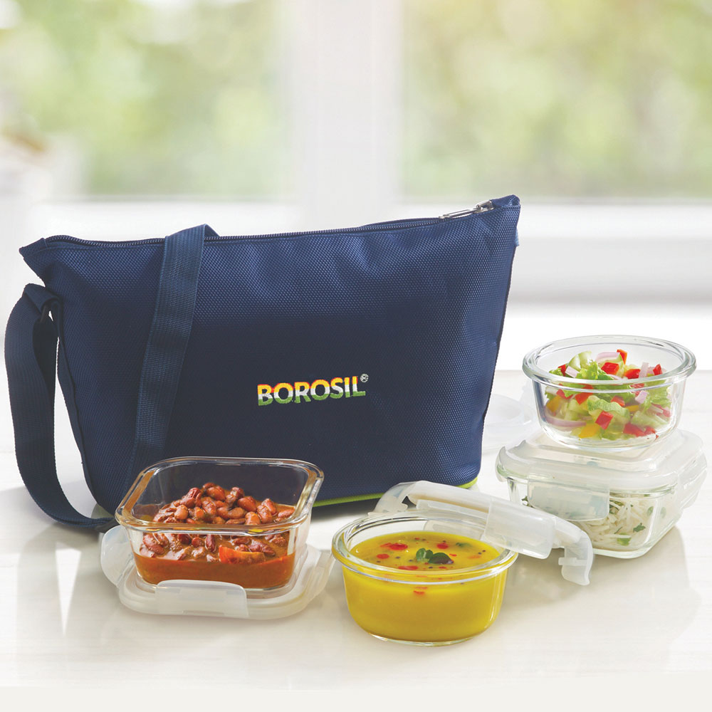 My Borosil Glass Lunchboxes 320 ml x 2 (+) 240 ml x 2 Daisy Lunch Box, Set of 4