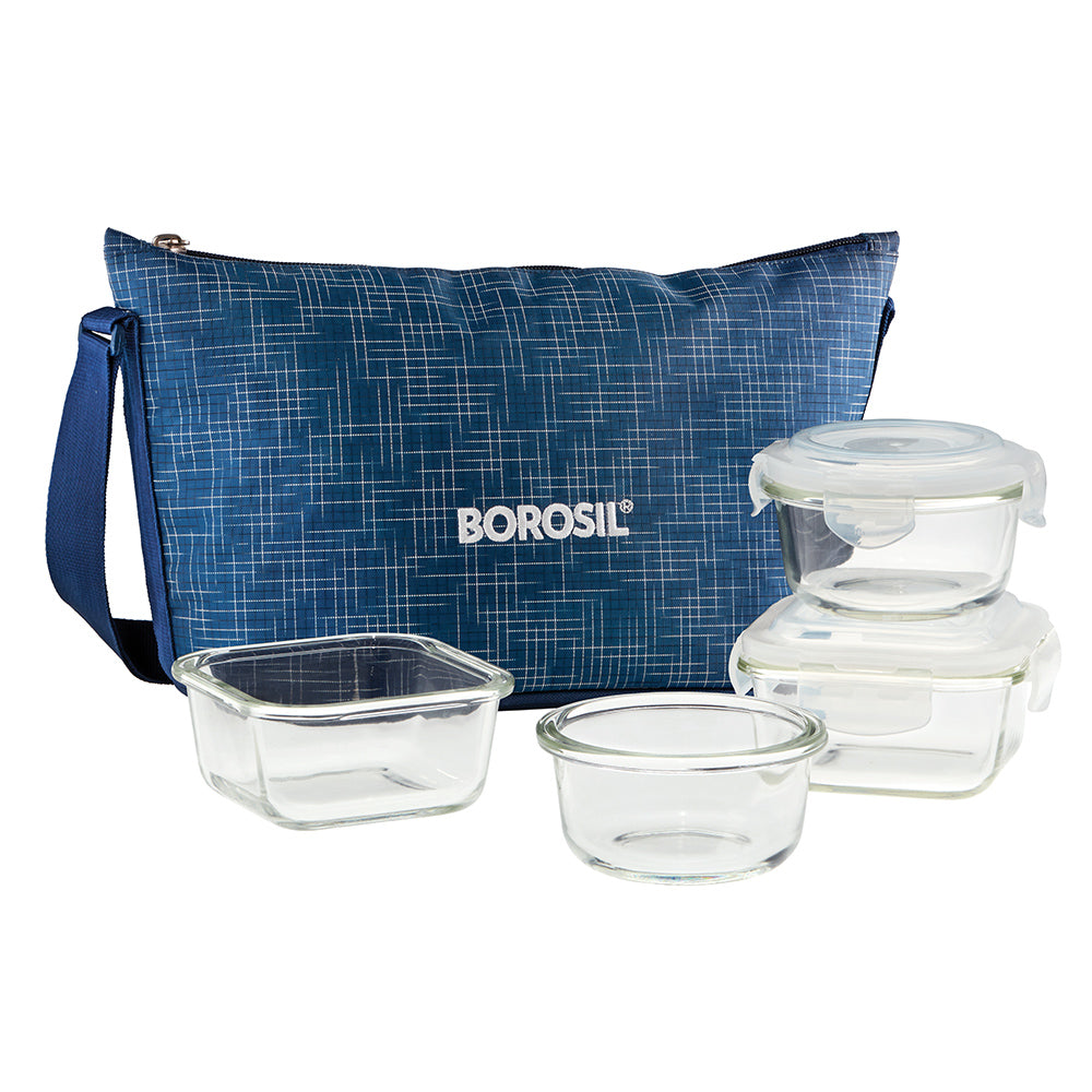 My Borosil Glass Lunchboxes 320 ml x 2 (+) 240 ml x 2 Indigo Daisy Lunchbox