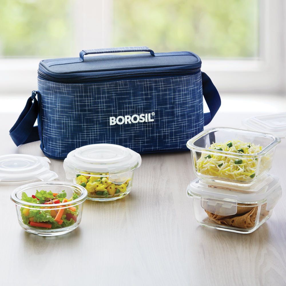 My Borosil Glass Lunchboxes 320 ml x 2 (+) 240 ml x 2 Indigo Universal Lunchbox