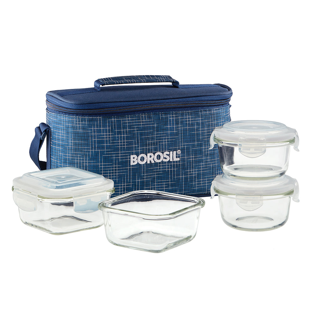 My Borosil Glass Lunchboxes 320 ml x 2 (+) 240 ml x 2 Indigo Universal Lunchbox