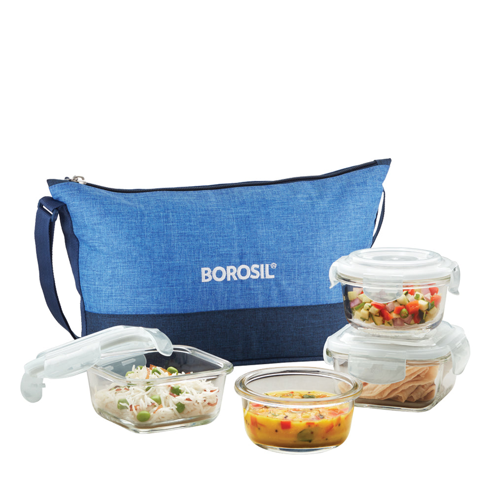 My Borosil Glass Lunchboxes 320 ml x 2 (+) 240 ml x 2 Prime Daisy Glass Lunchbox