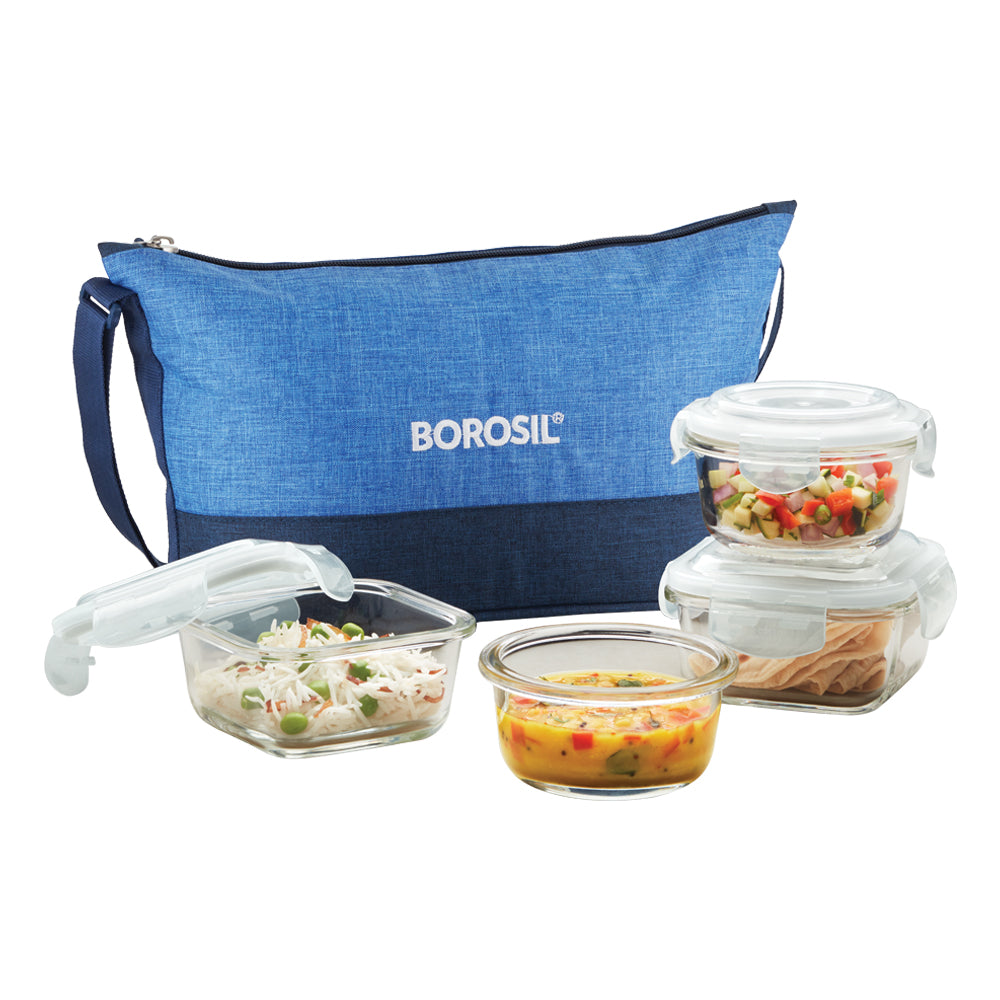 My Borosil Glass Lunchboxes 320 ml x 2 (+) 240 ml x 2 Prime Daisy Glass Lunchbox