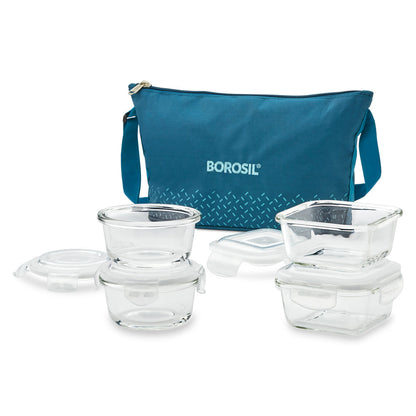 My Borosil Glass Lunchboxes 320 ml x 2 (+) 240 ml x 2 Teal Daisy Glass Lunchbox