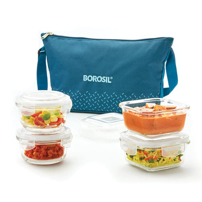 My Borosil Glass Lunchboxes 320 ml x 2 (+) 240 ml x 2 Teal Daisy Glass Lunchbox