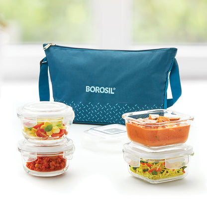 My Borosil Glass Lunchboxes 320 ml x 2 (+) 240 ml x 2 Teal Daisy Glass Lunchbox