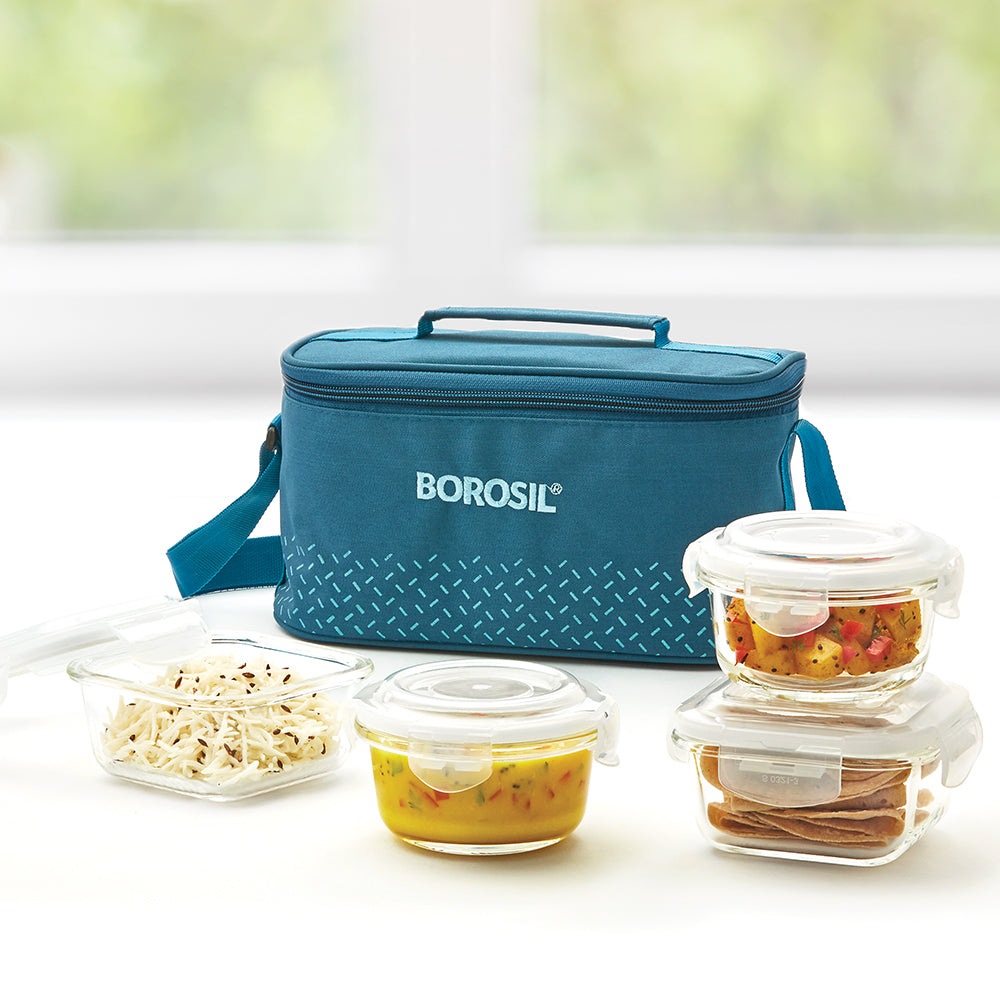 My Borosil Glass Lunchboxes 320 ml x 2 (+) 240 ml x 2 Teal Universal Glass Lunchbox