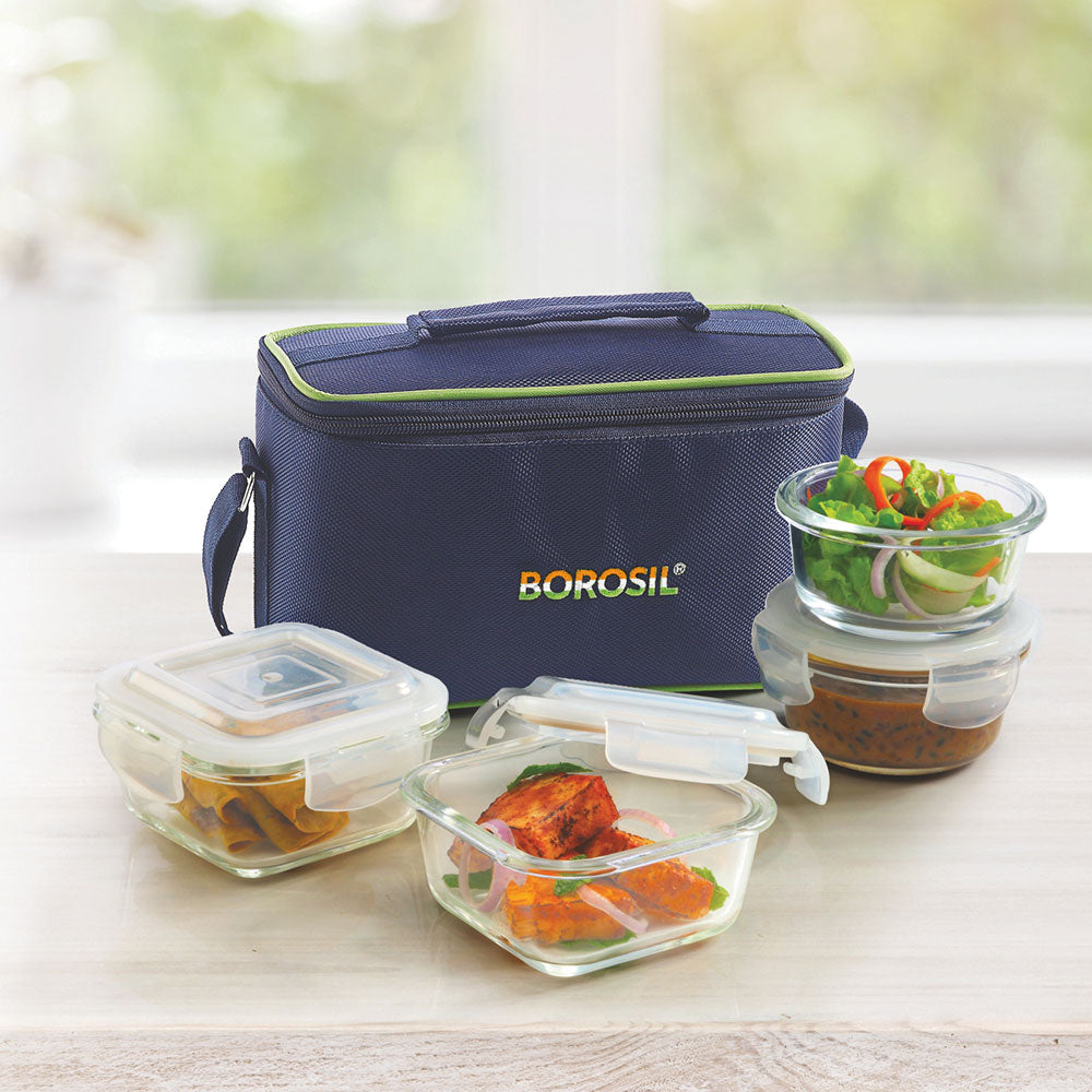 My Borosil Glass Lunchboxes 320 ml x 2 (+) 240 ml x 2 Universal Lunch Box, Set of 4