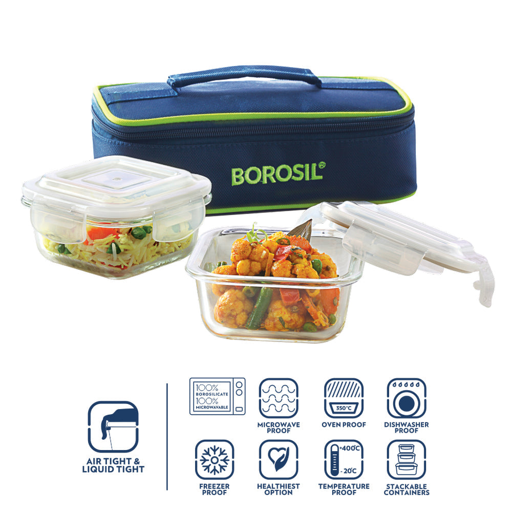 My Borosil Glass Lunchboxes 320 ml x 2 Blue Glass Lunchbox, Square x 2 (Flat)