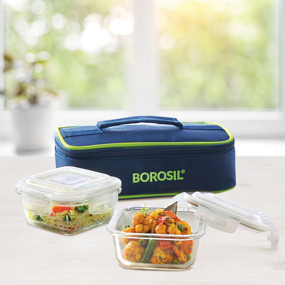 My Borosil Glass Lunchboxes 320 ml x 2 Blue Glass Lunchbox, Square x 2 (Flat)