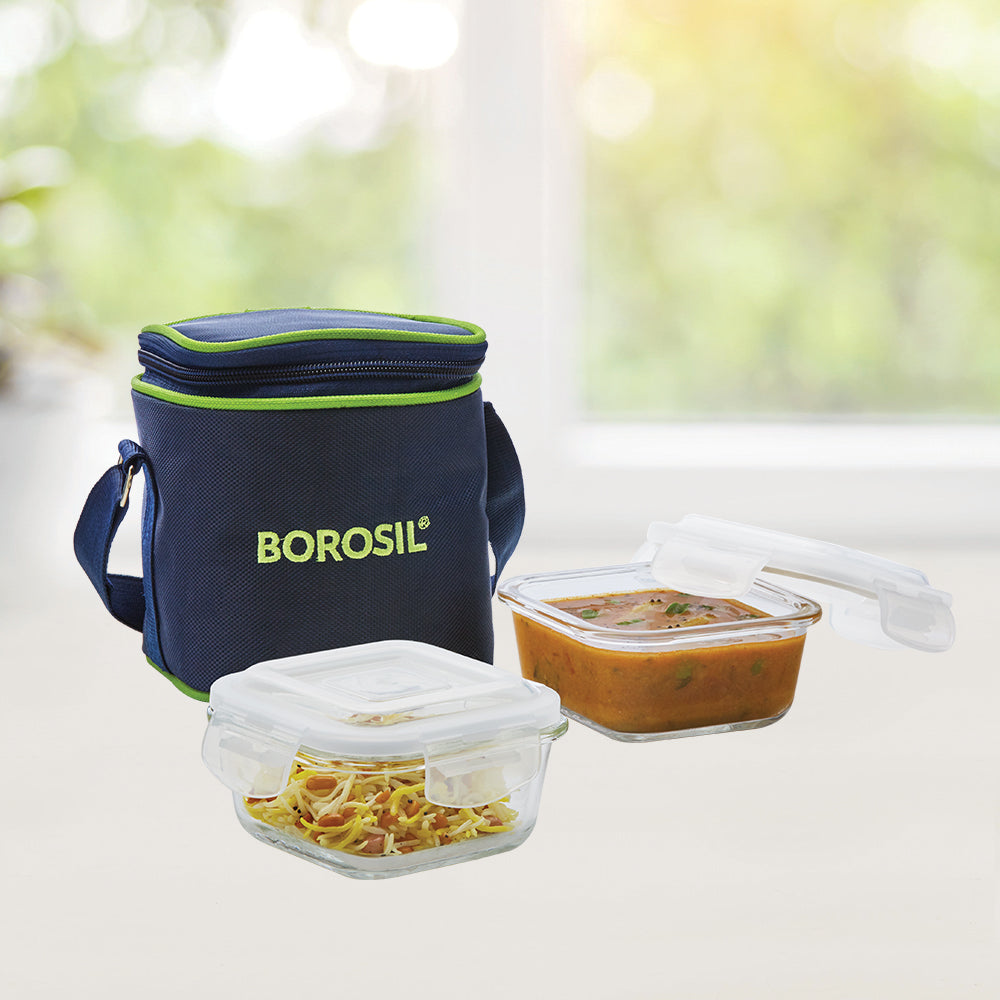 My Borosil Glass Lunchboxes 320 ml x 2 Blue Glass Lunchbox, Square x 2 (Tall)