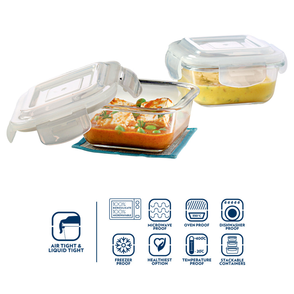 My Borosil Glass Lunchboxes 320 ml x 2 Blue Glass Lunchbox, Square x 2 (Tall)