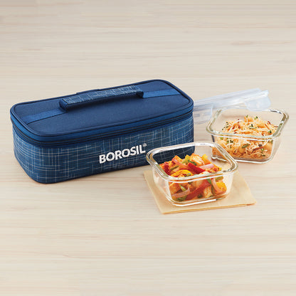 My Borosil Glass Lunchboxes 320 ml x 2 Indigo Glass Lunchbox, Square x 2 (Flat Bag)