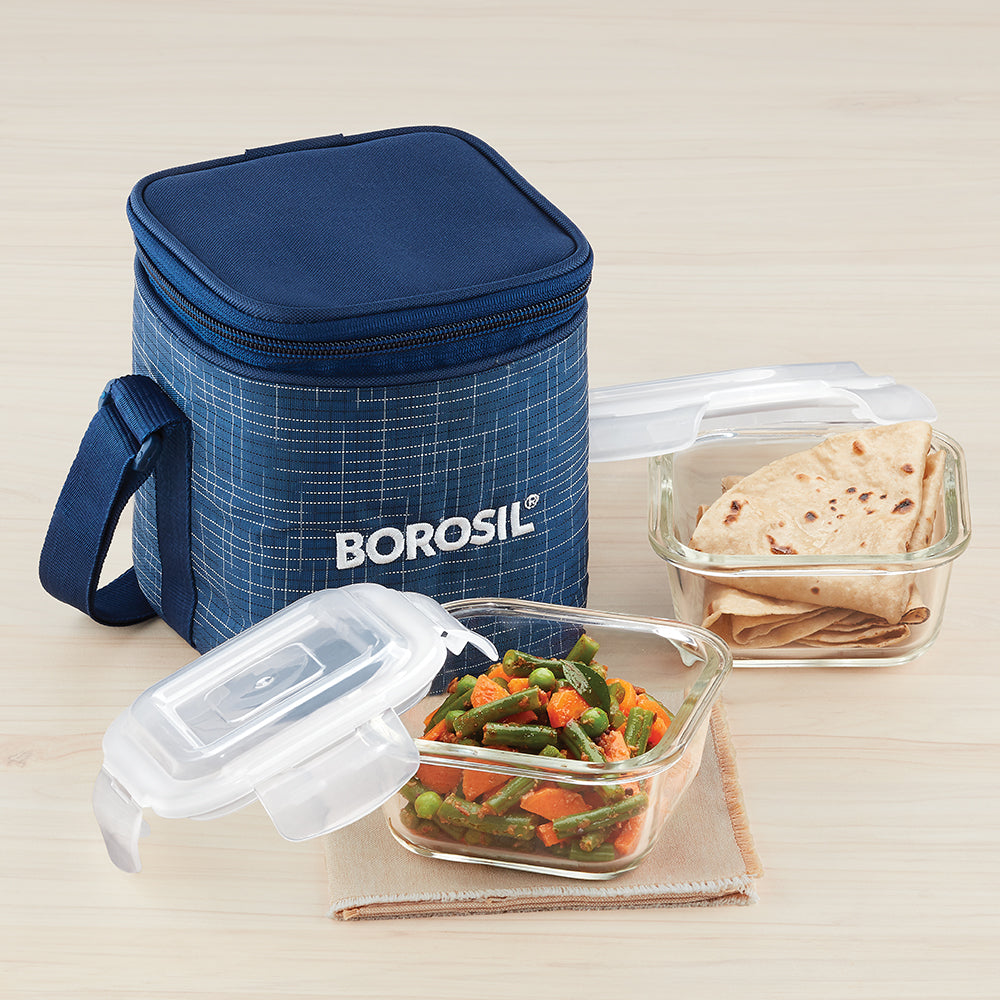 My Borosil Glass Lunchboxes 320 ml x 2 Indigo Glass Lunchbox, Square x 2 (Tall Bag)