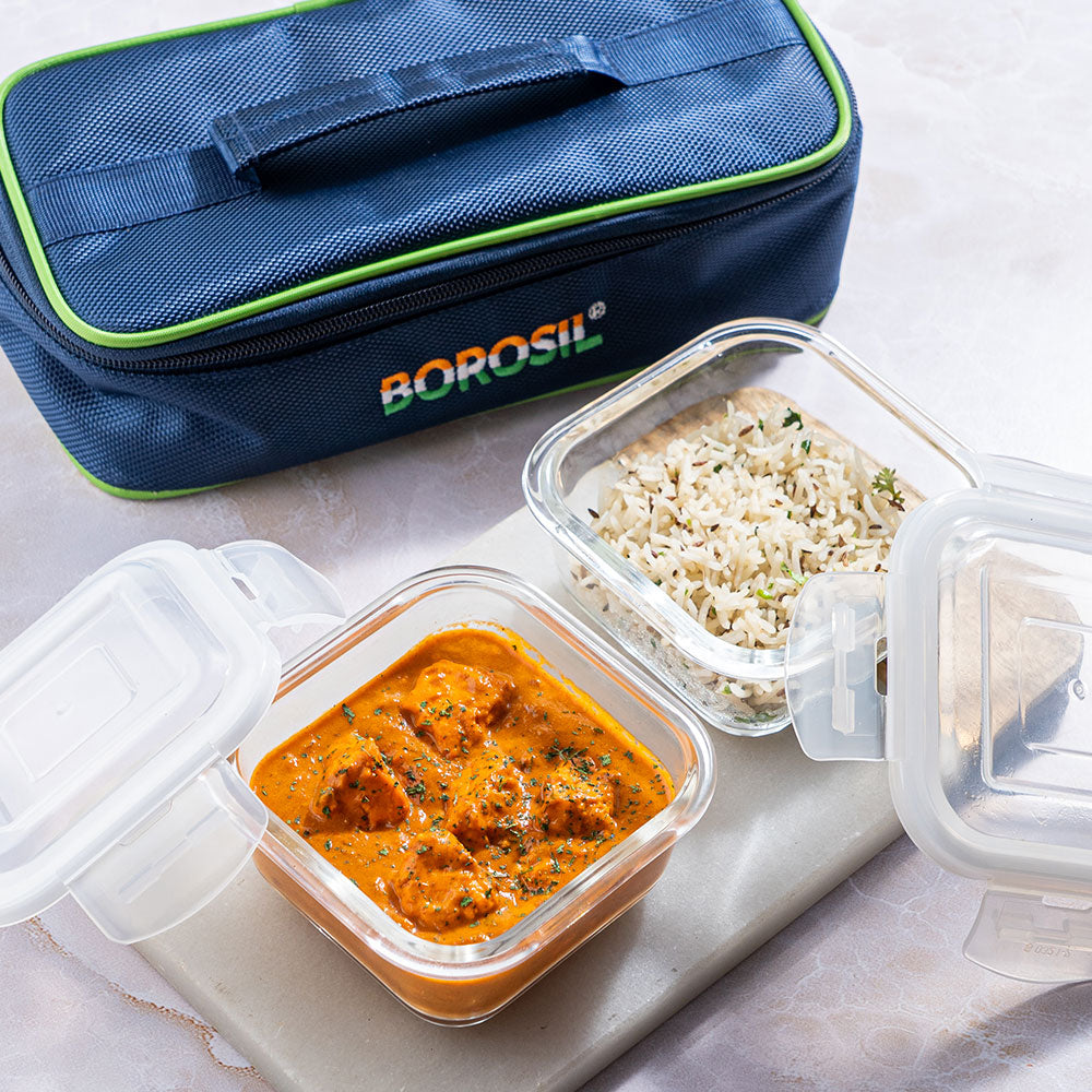 My Borosil Glass Lunchboxes 320 ml x 2 Prime Glass Lunch Box, Square x 2 (Flat Bag)