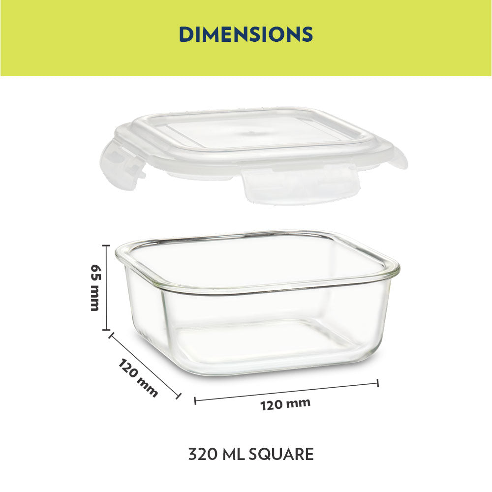 My Borosil Glass Lunchboxes 320 ml x 2 Prime Glass Lunch Box, Square x 2 (Flat Bag)