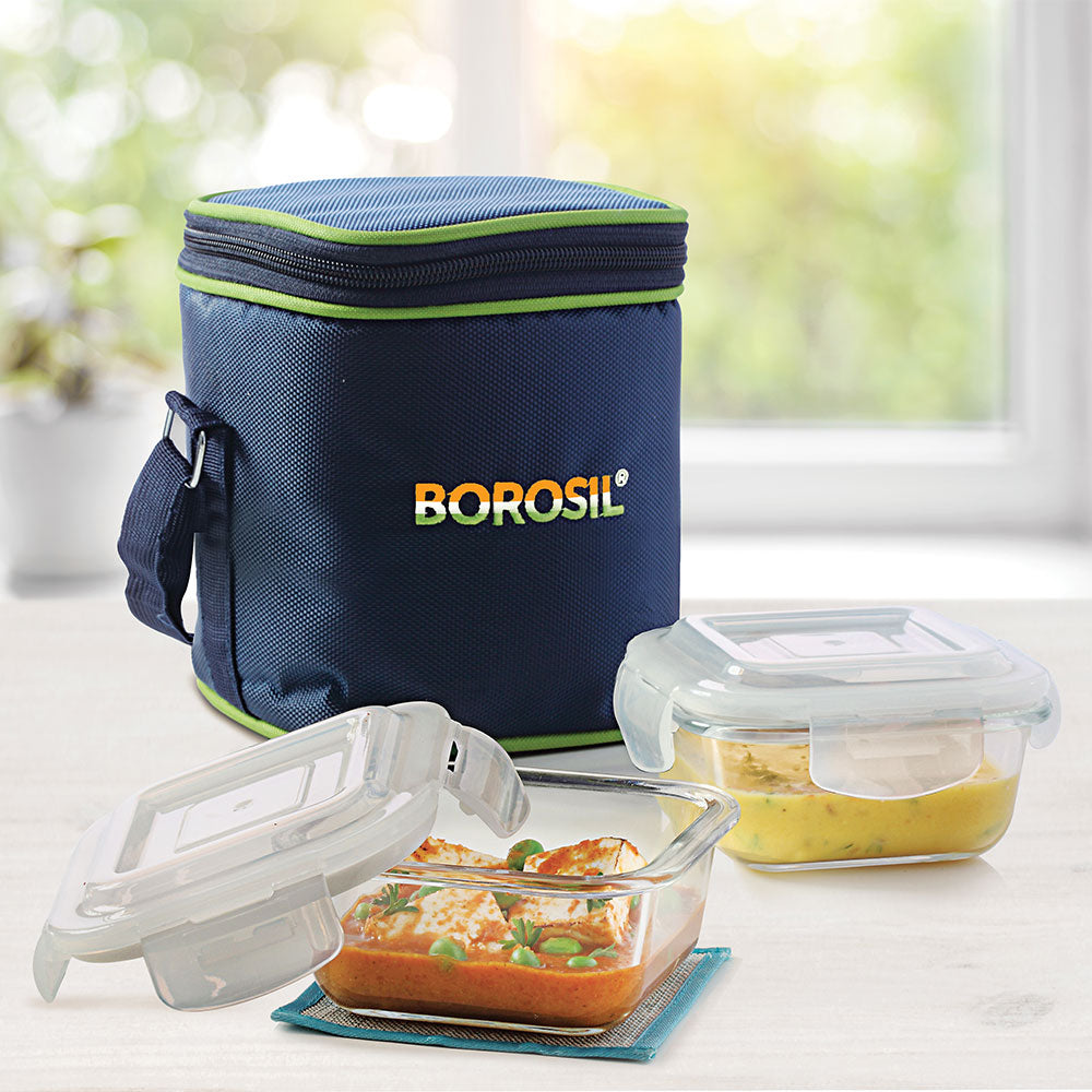 My Borosil Glass Lunchboxes 320 ml x 2 Prime Glass Lunch Box, Square x 2 (Tall Bag)