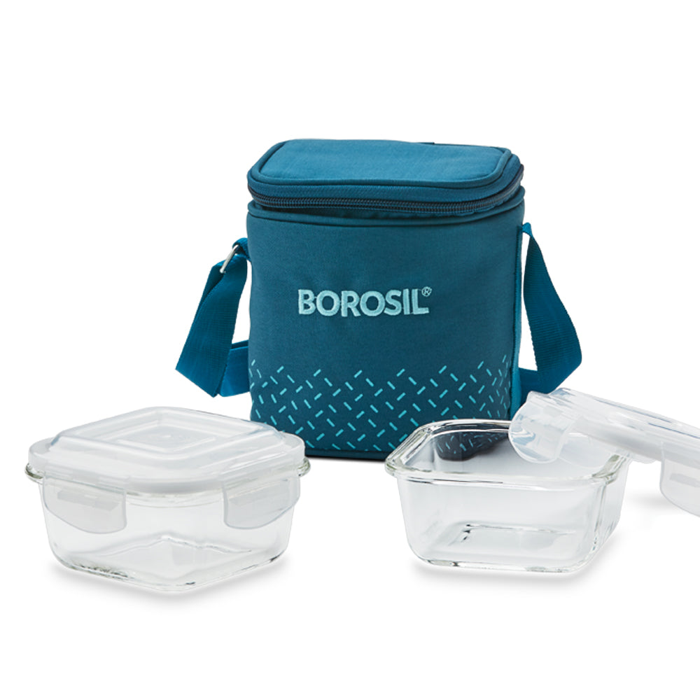 My Borosil Glass Lunchboxes 320 ml x 2 Teal Glass Lunchbox, Square x 2 (Tall Bag)