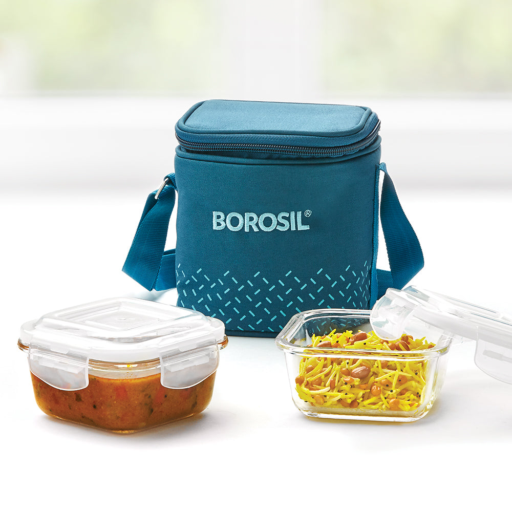 My Borosil Glass Lunchboxes 320 ml x 2 Teal Glass Lunchbox, Square x 2 (Tall Bag)