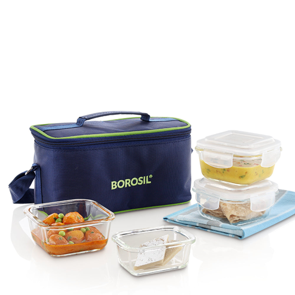 My Borosil Glass Lunchboxes 320 ml x 3 (+) 120 ml Glass Lunchbox, Square + Rectangular