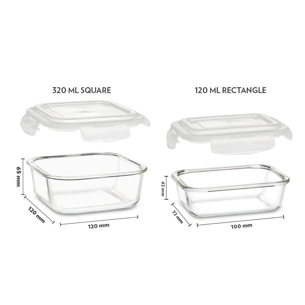 My Borosil Glass Lunchboxes 320 ml x 3 (+) 120 ml Glass Lunchbox, Square + Rectangular