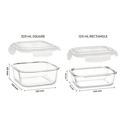 My Borosil Glass Lunchboxes 320 ml x 3 (+) 120 ml Glass Lunchbox, Square + Rectangular