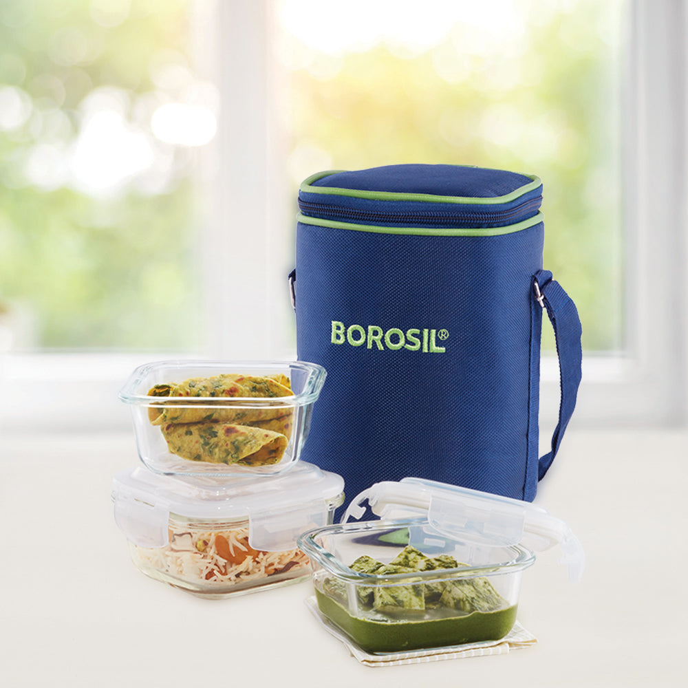 My Borosil Glass Lunchboxes 320 ml x 3 Blue Glass Lunchbox, Square x 3