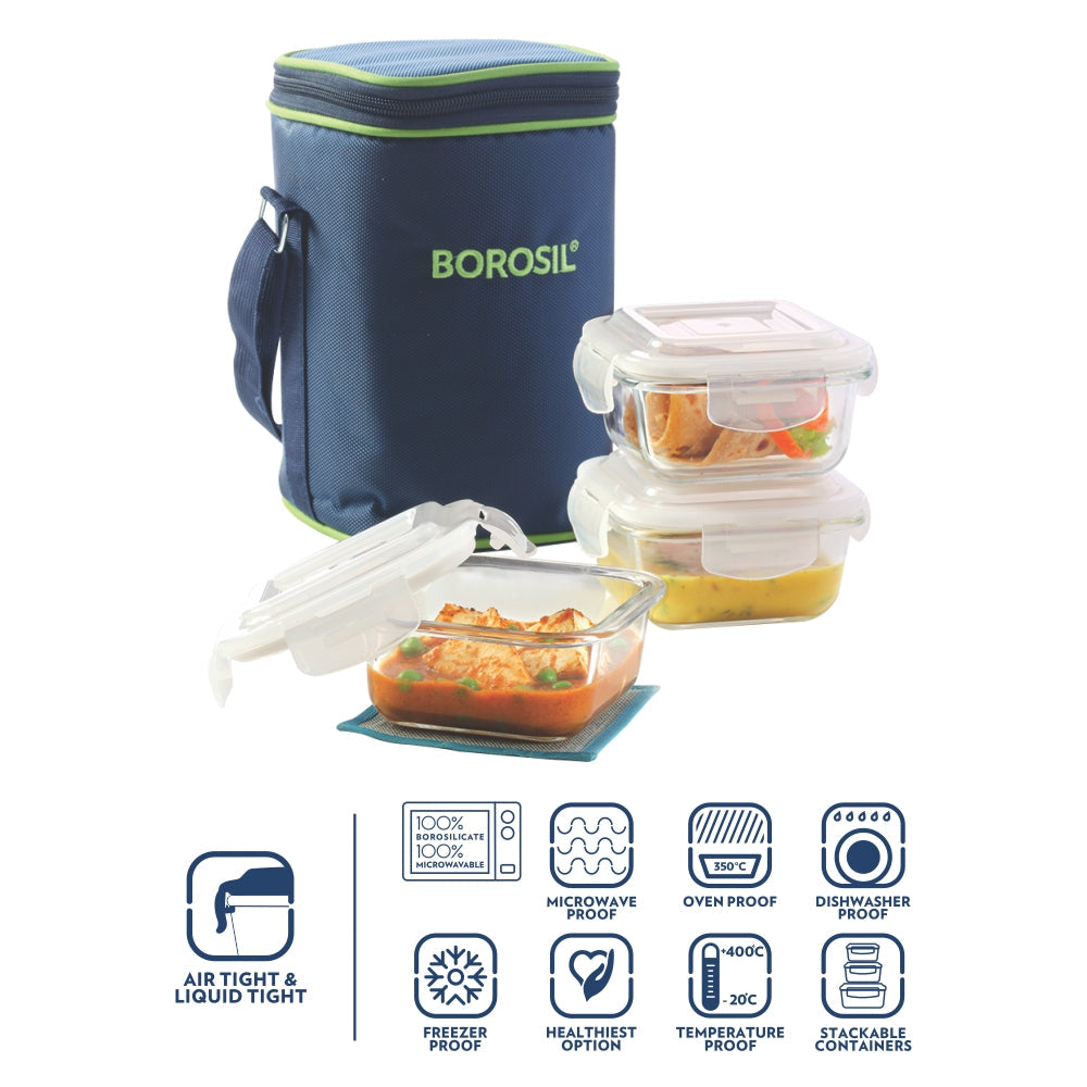 My Borosil Glass Lunchboxes 320 ml x 3 Blue Glass Lunchbox, Square x 3