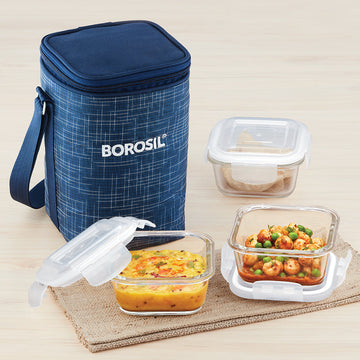 PRIME GLASS LUNCH BOX SET OF 2 CONTAINERS 320 ML MICROWAVE SAFE TIFFIN -  BLUE