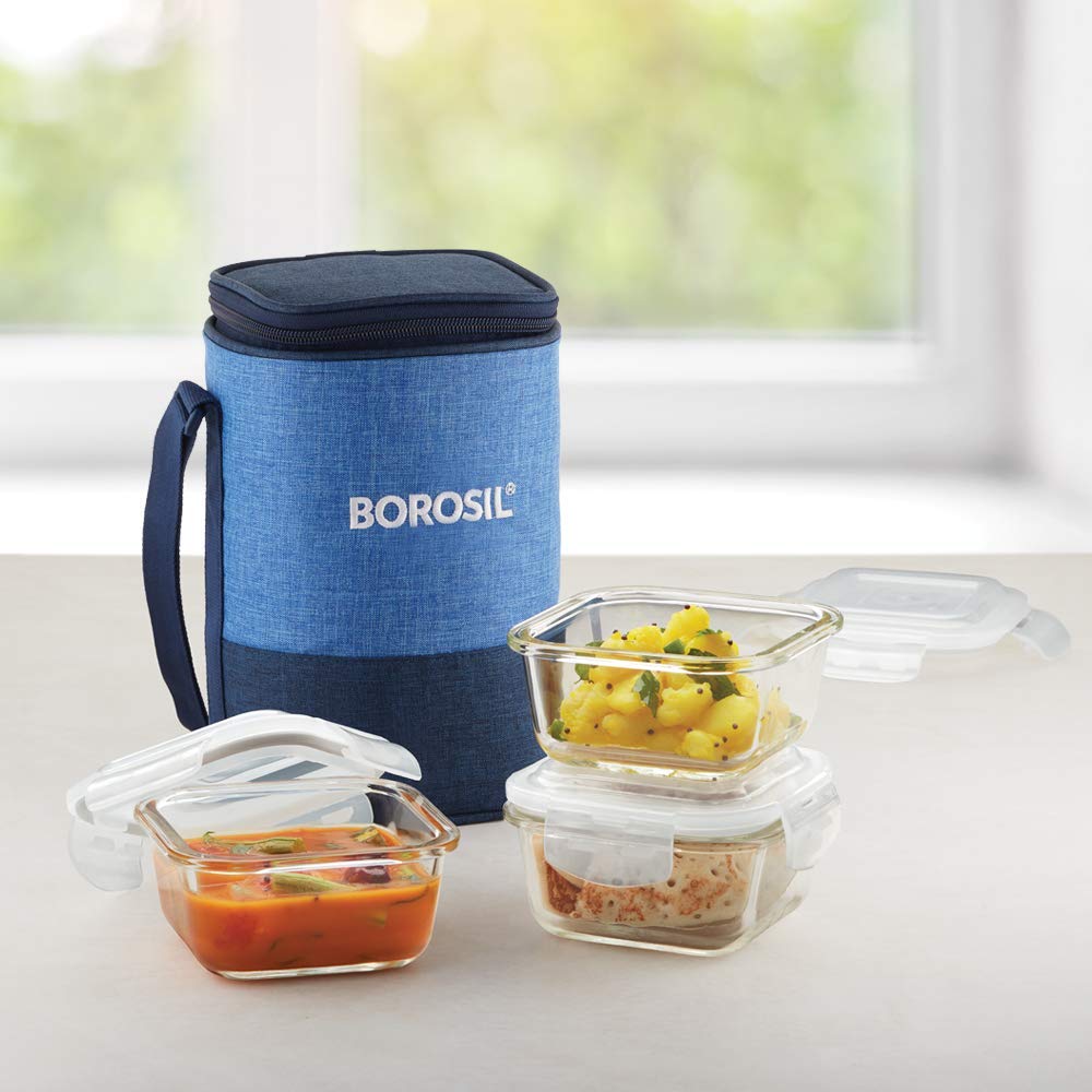 My Borosil Glass Lunchboxes 320 ml x 3 Prime Glass Lunchbox, Square x 3