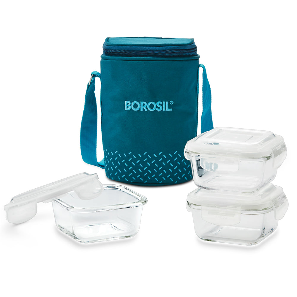 My Borosil Glass Lunchboxes 320 ml x 3 Teal Glass Lunchbox, Square x 3