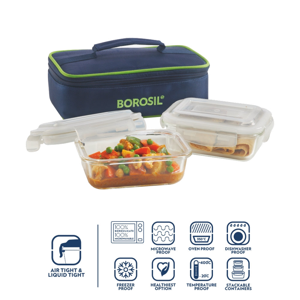 My Borosil Glass Lunchboxes 370 ml + 370 ml Blue Glass Lunchbox, Rectangular x 3