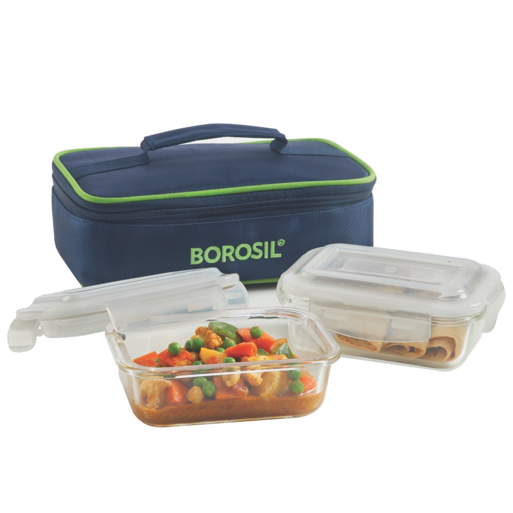 My Borosil Glass Lunchboxes 370 ml + 370 ml Blue Glass Lunchbox, Rectangular x 3