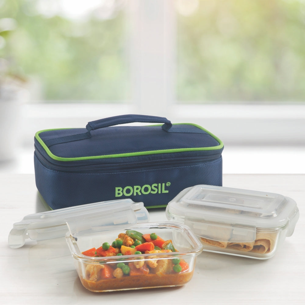 My Borosil Glass Lunchboxes 370 ml + 370 ml Blue Glass Lunchbox, Rectangular x 3