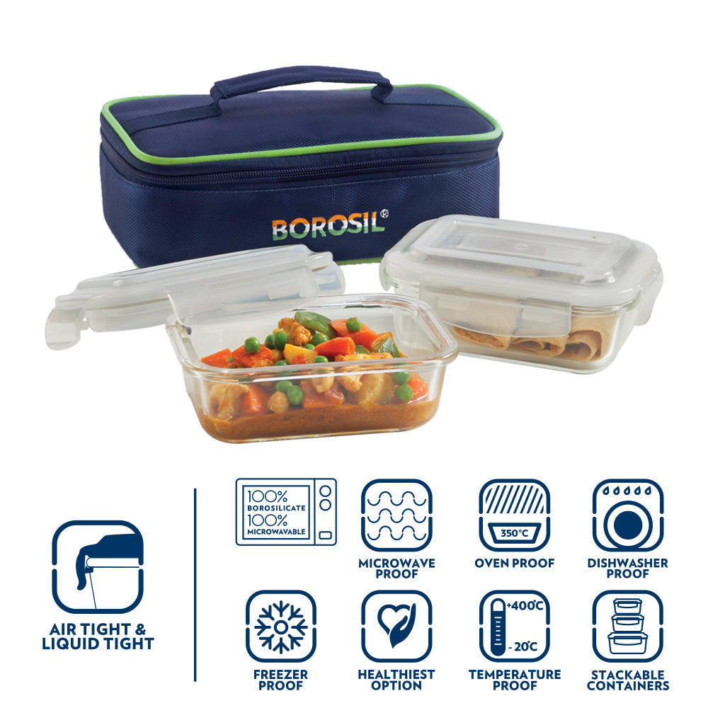 My Borosil Glass Lunchboxes 370 ml x 2 Prime Glass Lunchbox, Rectangular x 2